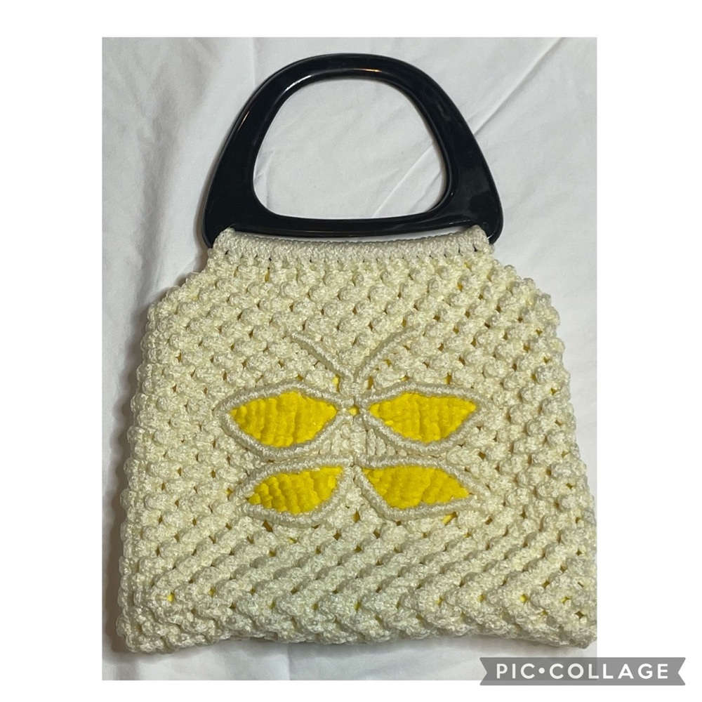 Vtg Macrame Butterfly Plastic Handle Hand Bag Bohemian, Boho, Hippie, Chic Beach